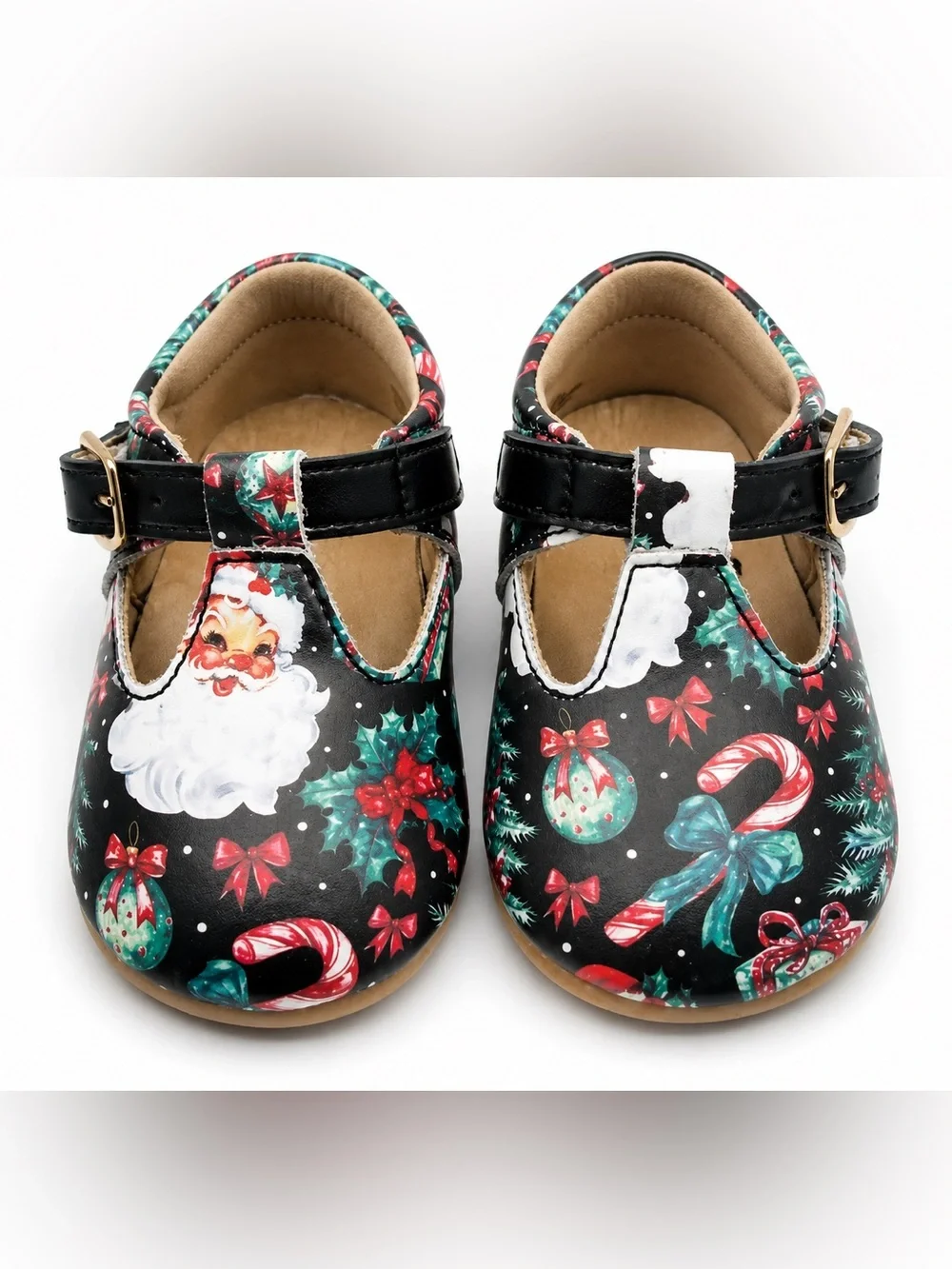 NWT Kids Holiday Mary Jane Shoes Black Santa Candy Cane Print 4 Sizes Available